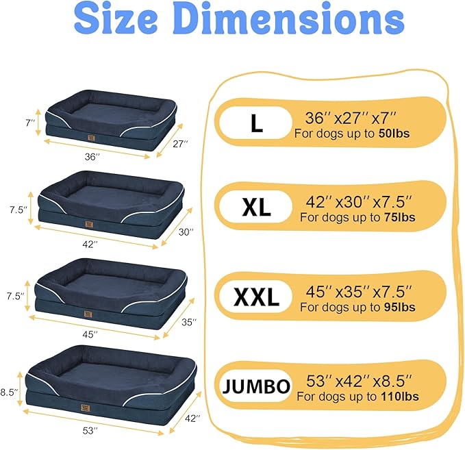 Removable Orthopedic Large Dog Bed -XL Large Dog Beds with Washable Cover and Removable Bolsters Non-Slip Bottom &amp; Waterproof Pet Bed Sofa for Big Size Dogs