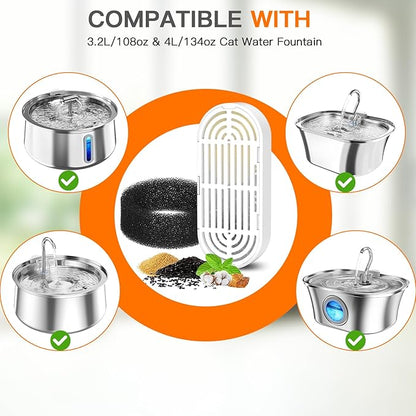Cat Water Fountain Filters for 108/3.2L&amp; 4L/134oz Stainless Steel Pet Water Dispenser Fountain Filters (6 Filters&amp; 6Sponges) (6 Filters&amp; 6 Sponges)