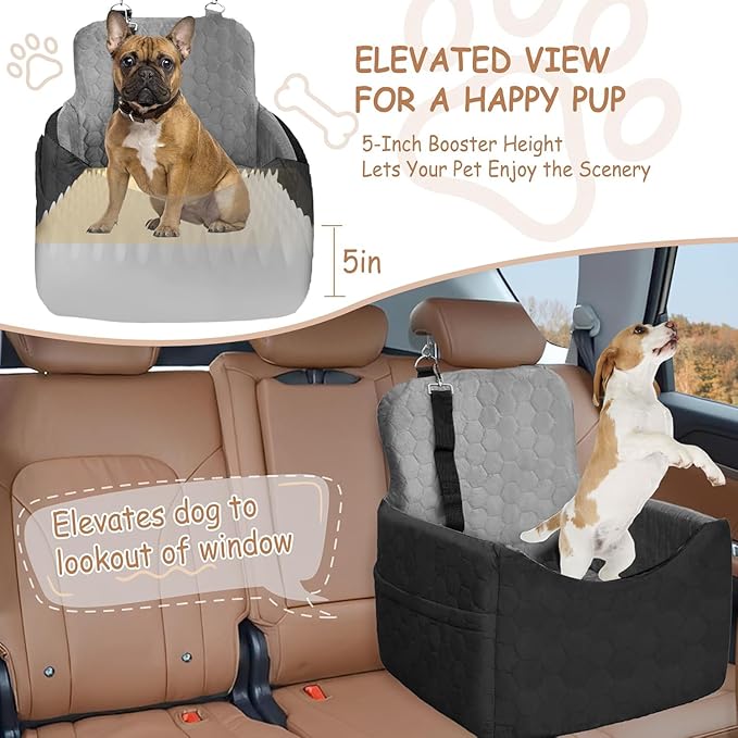 Dog Car Seat for Small/Medium Dogs - Dog Booster Seat with Safety Straps &amp; Non-Slip Base, Travel Pet Car Seat with Storage Pockets, Washable &amp; Removable, Suitable for Dogs Under 35 lbs (Black&amp;Gray)