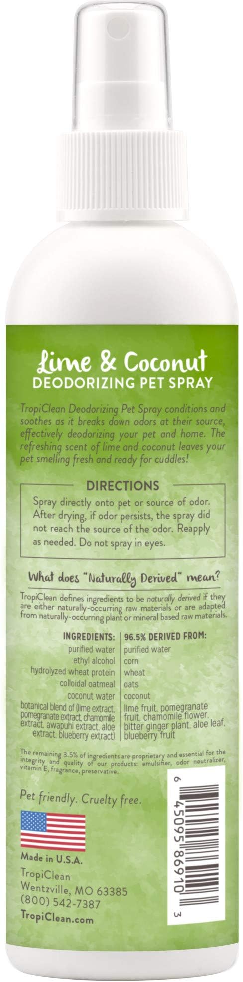 TropiClean Dog Perfume, Long Lasting Lime &amp; Coconut Cologne, Deodorizing Spray for Smelly Dogs, After Bath Detangling Spray with Vitamin E, Safe for Cats, 8oz.
