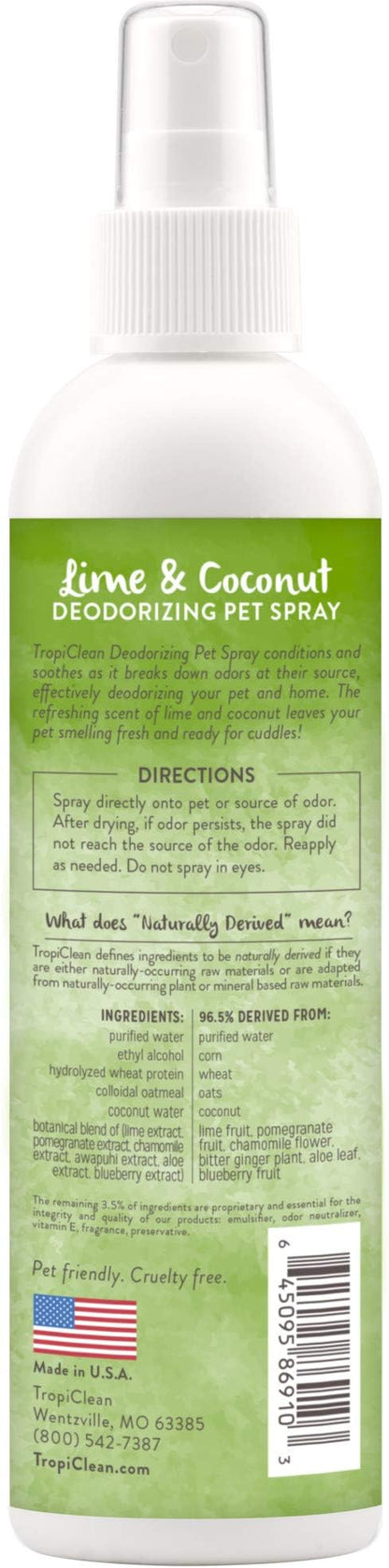 TropiClean Dog Perfume, Long Lasting Lime &amp; Coconut Cologne, Deodorizing Spray for Smelly Dogs, After Bath Detangling Spray with Vitamin E, Safe for Cats, 8oz.