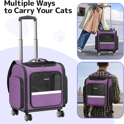 Rolling Cat Carrier with Wheels Dog Carrier for Small Dogs &amp; Medium Cats, Expandable Pet Carrier on Wheels with Cat Play Tunnel, Large Capacity, Breathable Mesh, Side Pocket, Purple