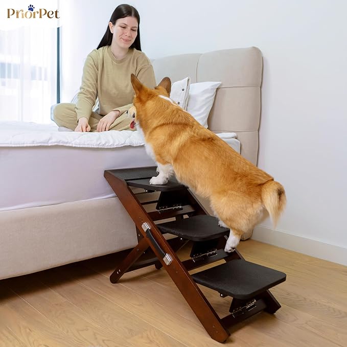 Dog Steps for Bed &amp; Couch 2-in-1 Dog Stairs/Ramp - Height Adjustable Dog Ramp for Couch 7” - 20” - Pet Stairs, Dog Stairs for Small Dogs - Easy to Move Pet Steps with Landing Platform, Walnut
