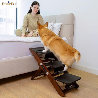 Dog Steps for Bed &amp; Couch 2-in-1 Dog Stairs/Ramp - Height Adjustable Dog Ramp for Couch 7” - 20” - Pet Stairs, Dog Stairs for Small Dogs - Easy to Move Pet Steps with Landing Platform, Walnut