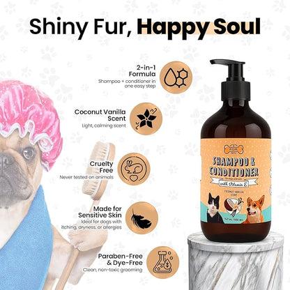 POM Pets 2-in-1 Organic Dog Shampoo &amp; Conditioner – Itchy Skin Relief, Dog Deshedding, Detangles Fur, Cat Shampoo, Paw Cleaner for Dogs, Natural Coat Defense Formula