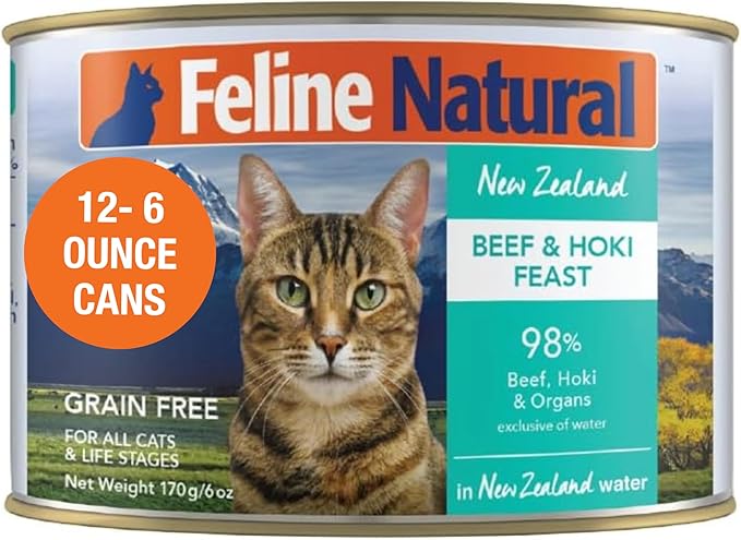Feline Natural New Zealand Canned Catfood Wet Food, High-Meat, Low-Carb, &amp; Grain Free Cat Food Wet, Beef &amp; Hoki Feast, 6 oz, Pack of 12