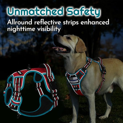 Eagloo Dog Harness for Large Dogs, Easy Wearing with 3 Buckles, Adjustable No Pull Pet Harness with 2 Rings for Walking, No Chock Reflective Soft Padded Vest with Control Handle, Red &amp; Teal, L