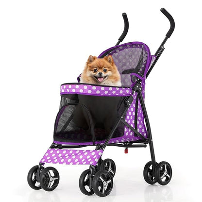 MoNiBloom 4 Wheels Pet Stroller, Easy-Fold Umbrella Shaped Dog Cat Jogger Stroller w/Storage Bag &amp; Visible Mesh for Small/Medium Dogs Cats Purple Polka Dots