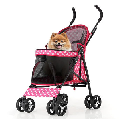 MoNiBloom 4 Wheels Pet Stroller, Easy-Fold Umbrella Shaped Dog Cat Jogger Stroller w/Storage Bag &amp; Visible Mesh for Small/Medium Dogs Cats Hot Pink Polka Dots