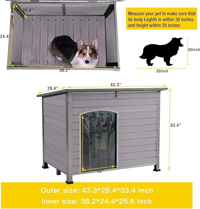 Aivituvin Large Dog House Outdoor Indoor Weatherproof Dog House for Small &amp; Medium &amp; Large Dogs with Unique All-Around Iron Frame＆Raised Feet（Grey）