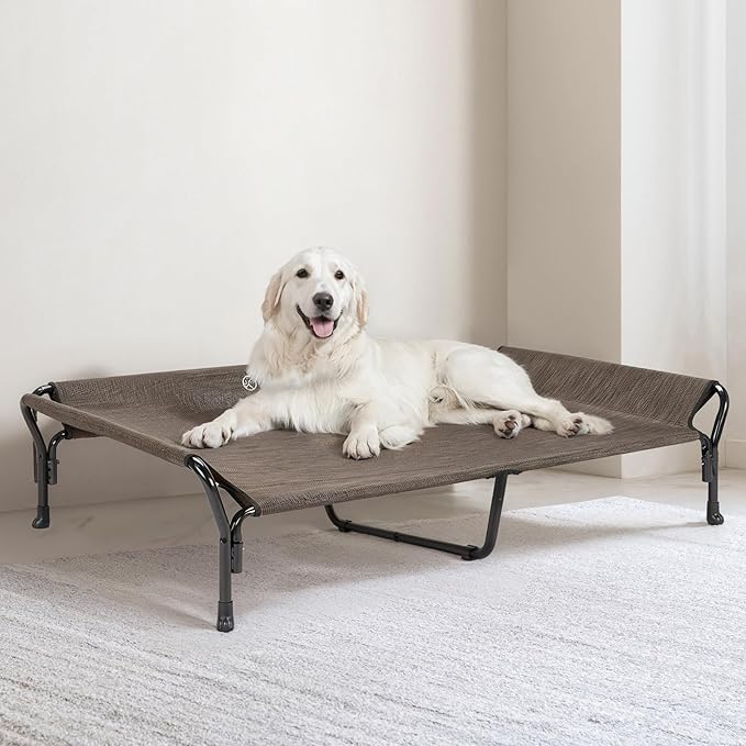 Veehoo Cooling Elevated Dog Bed, XL Raised Pet Cot with Guardrail &amp; Slope Headrest, Durable Breathable Teslin Mesh, Non-Slip Feet, Washable Dog Couch Bed for Indoor &amp; Outdoor, 50.5" x 33.5, Brown