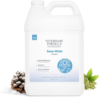 Veterinary Formula Smart Coat Complex Snow White Shampoo for Dogs and Cats, 128 Fl oz / 1 Gal – Gently Remove Stains &amp; Yellowing Without Bleach/Peroxide – Cleans, Deodorizes &amp; Brightens White Coats