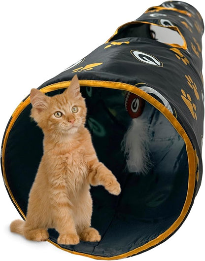 NFL Green Bay Packers Cat Tunnel Tube Toy with Plush Football Catnip and Feathers Collapsible Tunnel for Cats to Play, Peek and Hide, Sporty &amp; Fun Cat Tunnel Toy with Team Logo All-Over Design!