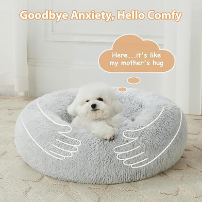 WNPETHOME Calming Dog Bed Cat Bed Donut, Faux Fur Pet Bed Self-Warming Donut Cuddler, Comfortable Round Plush Dog Beds (30 x 30 x 10 Inch, Light Grey)