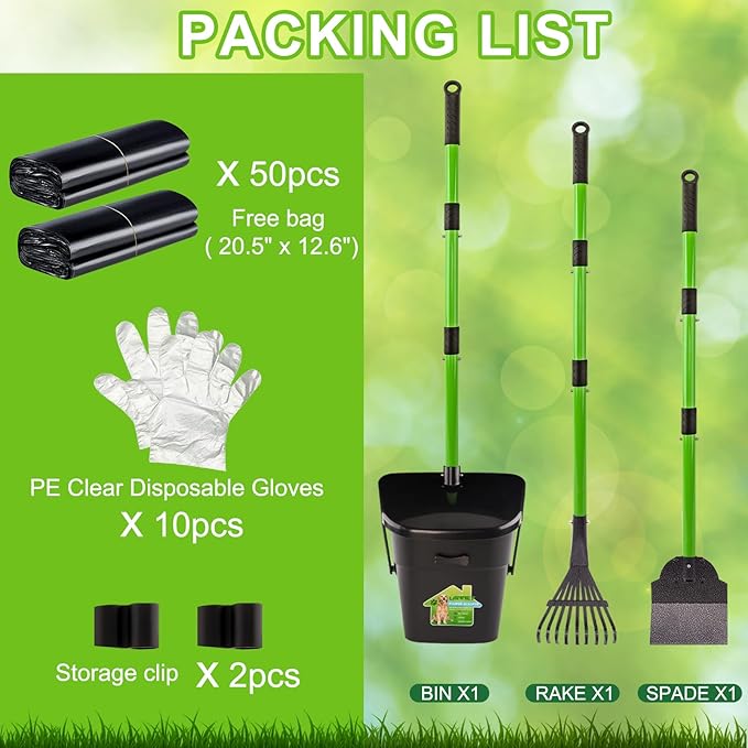 LANNEY Pooper Scooper - 38" Long Adjustable Metal Handle Dog Pooper Scooper Swivel Bin &amp; Rake &amp; Spade with 50 Bags Attachment, Portable Heavy Duty Dog Poop Scooper for Yard Dogs Large Medium Small
