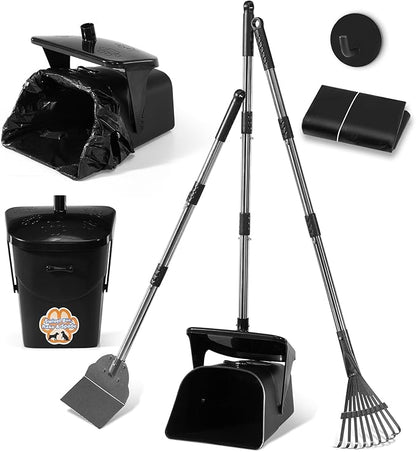 Stainless Steel Dog Pooper Scooper,40" Long Handle Swivel Bin, Rake and Spade,20 Waste Bags &amp; Hook - Heavy Duty Portable Metal Poop Scooper for Large,Medium and Small Dogs