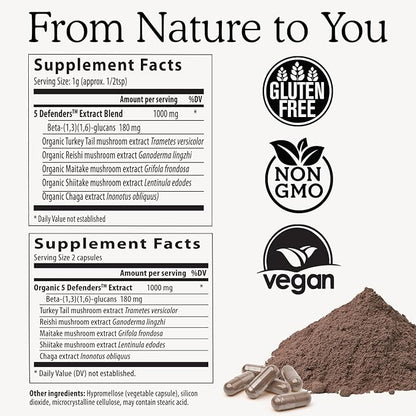 Real Mushrooms 5 Defenders - Adaptogenic Mushrooms Complex with Chaga, Reishi, Turkey Tail, Maitake &amp; Shiitake for Wellness Support - Mushroom Beta Glucan Capsules - 90 Count