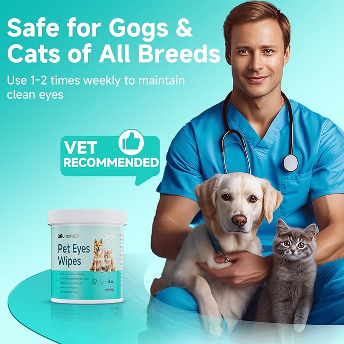 Pet Eyes Wipes for Dogs &amp; Cats, Gentle Remove Tear Stain, Eye Debris, Discharge, Mucus Secretions Grooming Deodorizing Wipes, Non-irritating Ingredients with Aloe &amp; Coconut Oil -150pcs