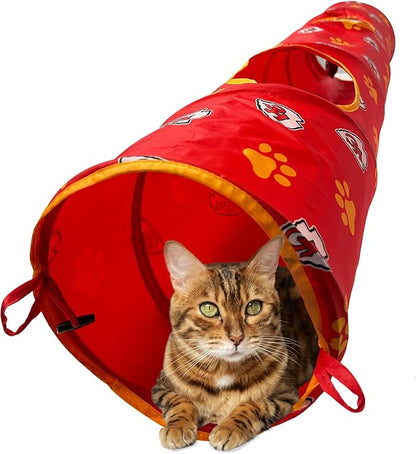 NFL Kansas City Chiefs Cat Tunnel Tube Toy with Plush Football Catnip and Feathers Collapsible Tunnel for Cats to Play, Peek and Hide, Sporty &amp; Fun Cat Tunnel Toy with Team Logo All-Over Design!