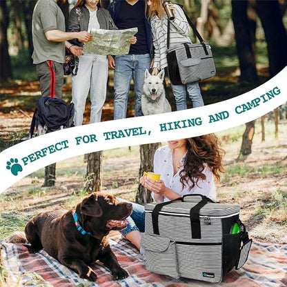PetAmi Dog Travel Bag - Organizer with Food Container, Bowls &amp; Accessories for Weekend Camping, Cat Diaper Bag (Stripe Black, Large)