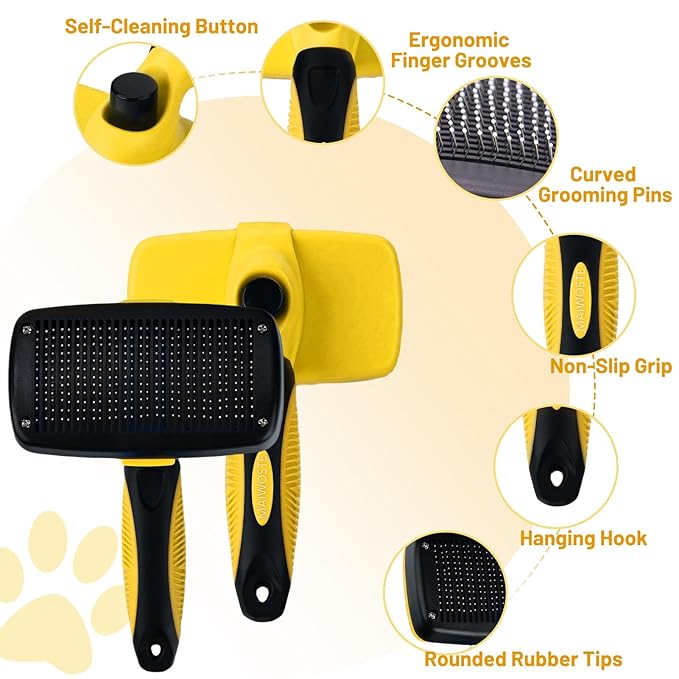 Large Self Cleaning Deshedding Brush for Dogs &amp; Cats - One Button Hair Release Grooming Tool, Gentle Massage Brush for Long and Short Hair (Yellow)