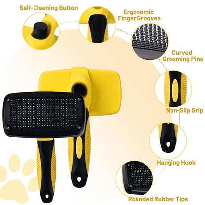 Large Self Cleaning Deshedding Brush for Dogs &amp; Cats - One Button Hair Release Grooming Tool, Gentle Massage Brush for Long and Short Hair (Yellow)