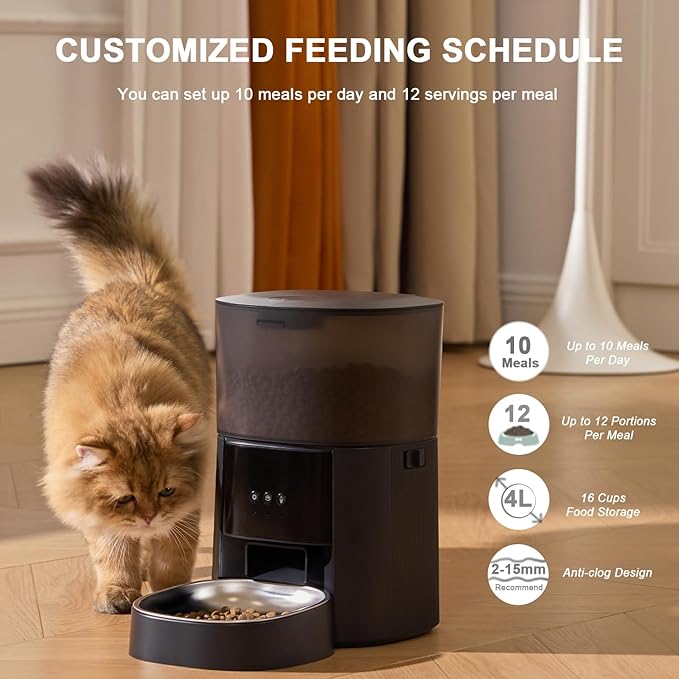 Automatic Cat Feeder WiFi with App Control, Voice Recorder, 4L Dry Pet Food Dispenser for Cats &amp; Dogs with Freshness Preservation, Custom Feeding Times &amp; Portions, Dual Power