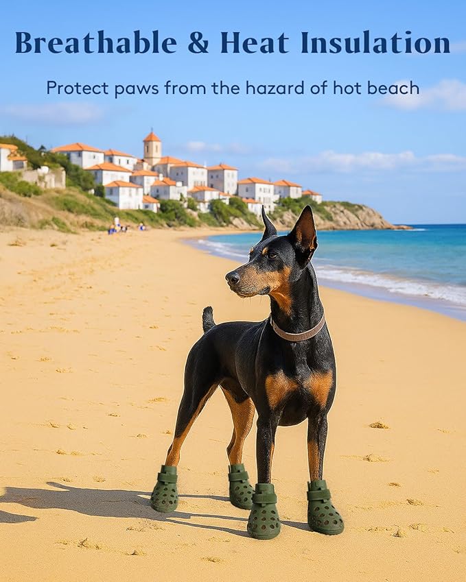 Dog Shoes for Hot Pavement, Breathable Dog Boots Paw Protectors with Adjustable Straps &amp; Non-Slip Sole, Easy On &amp; Off, Waterproof, Easy-Cleaning Silicone Outdoor Dog Booties for Beach and Snow