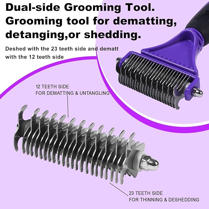 Pet Grooming Brush, Double Sided Undercoat Rake for Dogs &amp; Cats, Professional Deshedding Brush and Dematting Tool, Safe and Effective Removing Knots, Mats, Tangles,and Flying Hair