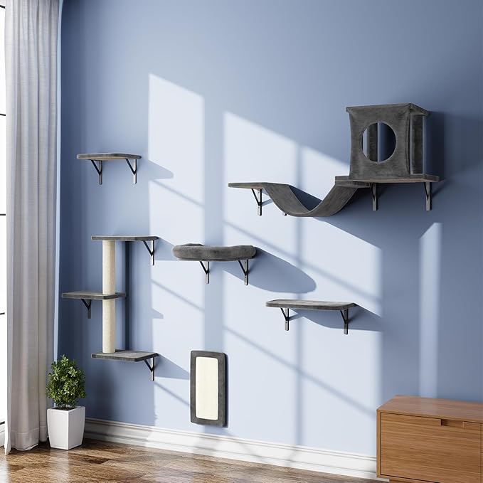 NUNU LAB Wall Mounted Cat Furniture, 6 Pcs Cat Wall Shelves with Condo House, Bridge, Steps, Scratcher, Hammock, Indoor Safe &amp; Stable Furniture for Kittens Play, Dark Gray