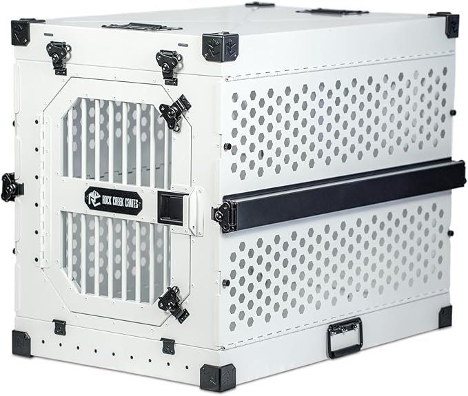ROCK CREEK CRATES Collapsible Dog Crate: Meticulously Engineered, Durable Aluminum Construction, Non Slip Feet | 10 Year Warranty | Ideal for Indoor &amp; Vehicle Use (White Snowfall, 30 Inch)