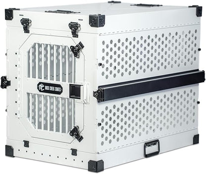ROCK CREEK CRATES Collapsible Dog Crate: Meticulously Engineered, Durable Aluminum Construction, Non Slip Feet | 10 Year Warranty | Ideal for Indoor &amp; Vehicle Use (White Snowfall, 30 Inch)