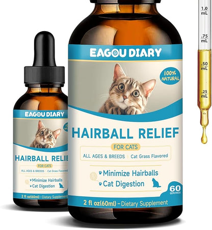 Hairball Treatment for Cats,Cat Hairball Remedy,Hair Ball Relief,Feline Digestive Support Supplement with Enzymes,Fiber &amp; Psyllium Husk–Natural Constipation Relief (Cat Grass Flavor/2floz)