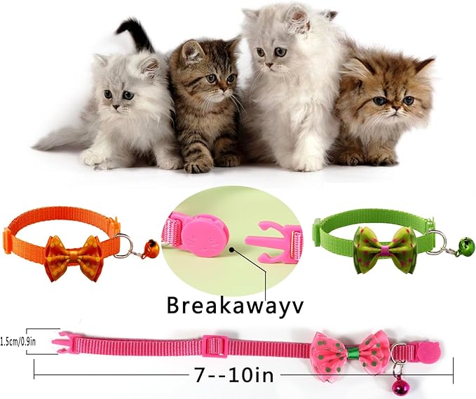16 PCS Cute Cat Collars with Bells - Breakaway Collars for Girls &amp; Small Kittens - Pink, Bowtie Design - Kitten Supplies