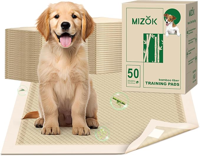 MIZOK Puppy Pads Small 22x22 Pee Pads for Dogs Bamboo Odor Eliminating &amp; 6-Layer Absorbent Leak-Proof Dog Pee Pads Potty Training with Adhesive Tabs, Disposable (50 Counts)