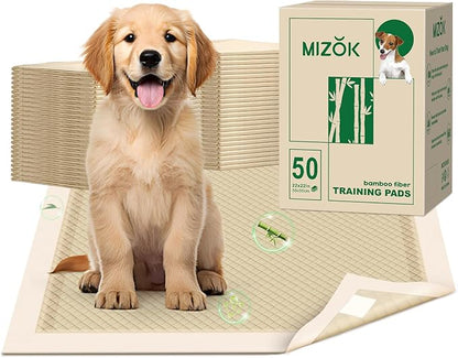 MIZOK Puppy Pads Small 22x22 Pee Pads for Dogs Bamboo Odor Eliminating &amp; 6-Layer Absorbent Leak-Proof Dog Pee Pads Potty Training with Adhesive Tabs, Disposable (50 Counts)