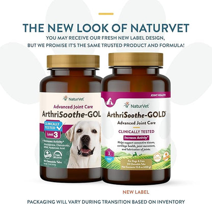 NaturVet – ArthriSoothe-GOLD – Level 3 Advanced Joint Care | Clinically Tested to Support Connective Tissue, Cartilage Health &amp; Joint Movement | Enhanced with Glucosamine, MSM, Chondroitin &amp; Green Lipped Mussel | For Dogs &amp; Cats | 90 Chewable Tablets
