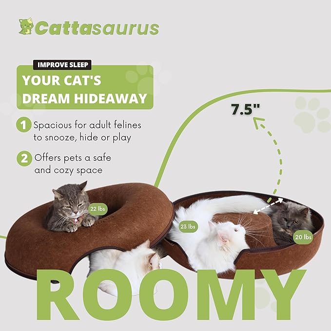 Cattasaurus Peekaboo Cat Cave for Multiple &amp; Large Cats Up to 30-45 Lbs, Scratch Detachable &amp; Washable Tunnel Bed, Comfy Donut Cat Cave (Brown, Large)