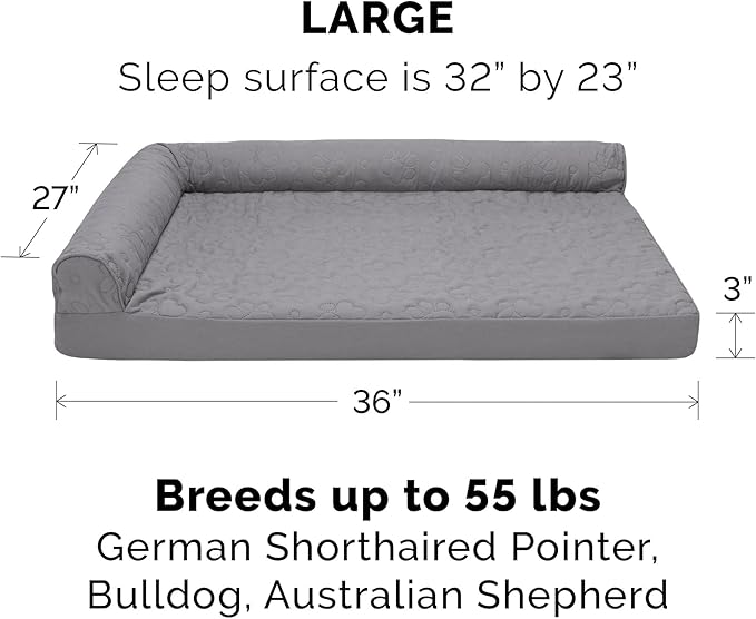 Furhaven Cooling Gel Dog Bed for Large/Medium Dogs w/ Removable Bolsters &amp; Washable Cover, For Dogs Up to 55 lbs - Pinsonic Quilted Paw L Shaped Chaise - Titanium, Large