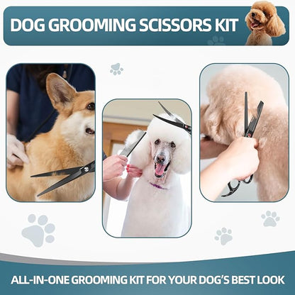 7.0" Professional Dog Grooming Scissors Kit – 3-Piece Set with Straight, Curved &amp; Thinning Shears, Black Japanese Stainless Steel, Includes Grooming Comb for Dogs &amp; Cats