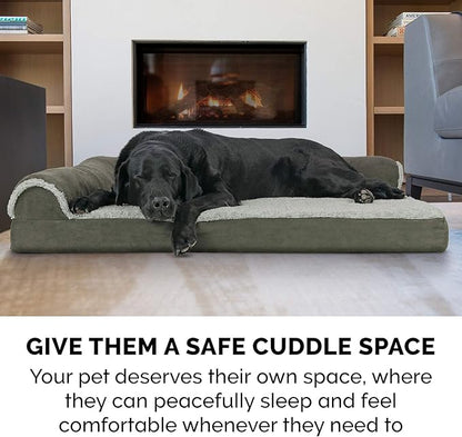 Furhaven Cooling Gel Dog Bed for Medium/Small Dogs w/ Removable Bolsters &amp; Washable Cover, For Dogs Up to 35 lbs - Two-Tone Plush Faux Fur &amp; Suede L Shaped Chaise - Dark Sage, Medium