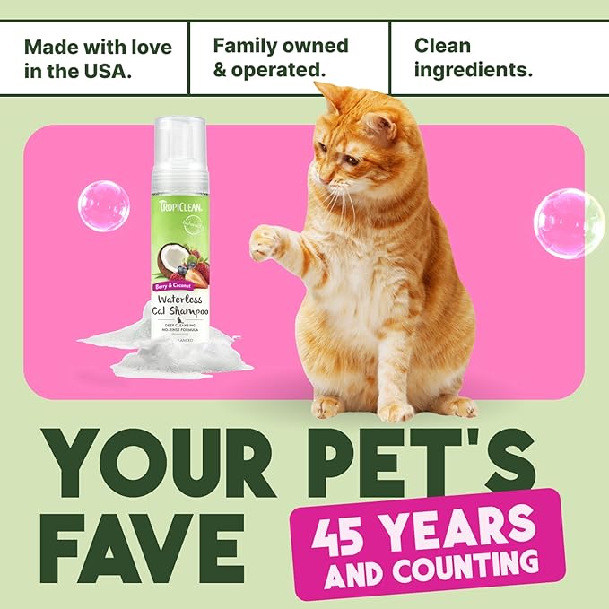 TropiClean Berry &amp; Coconut Waterless Cat Shampoo | Deep Cleansing Dry Shampoo for Cats | Natural Cat Shampoo Derived from Natural Ingredients | Made in the USA | 7.4 oz.