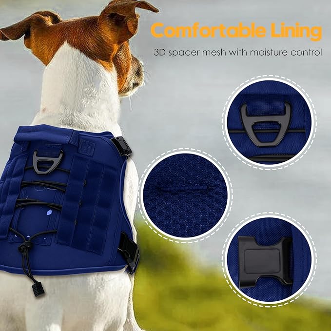 Heavy-Duty Tactical Dog Harness for Large Dogs, No Pull Adjustable Reflective Pet Vest with Molle System, K9 Military-Grade Control for Service Training, Outdoor &amp; 10+ Breeds, Dazzling Blue, Large