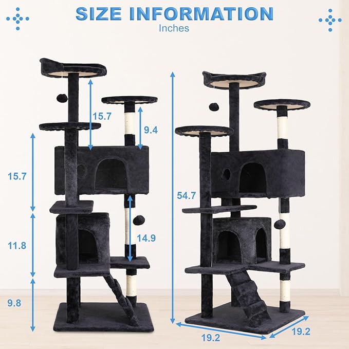 FDW Cat Tree 54in Cat Tower Multi-Level Durable Cat Scratching Post &amp; Cozy Fun Cat Jumping Platform Space Saving Cat Condo Pet Play House for Indoor Cats,Dark Gray