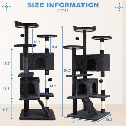 FDW Cat Tree 54in Cat Tower Multi-Level Durable Cat Scratching Post &amp; Cozy Fun Cat Jumping Platform Space Saving Cat Condo Pet Play House for Indoor Cats,Dark Gray