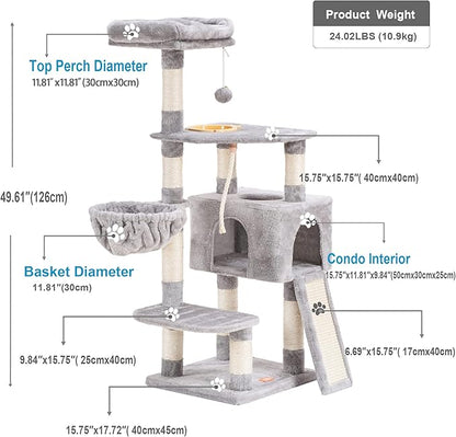 Heybly Cat Tree, Cat Tower for Indoor Cats with Scratching Board, Multi-Level Cat Furniture Condo with Feeding Bowl, Light Gray HCT010W