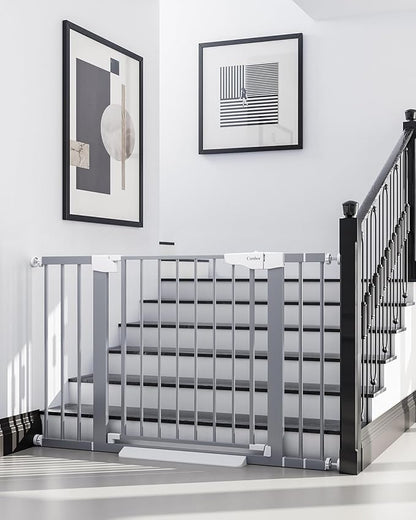 Cumbor 29.7-46" Baby Gate for Stairs, Gifts for Mom-Auto Close Dog Gate for The House, Easy Install Pressure Mounted Pet Gates for Doorways, Easy Walk Thru Wide Safety Gate for Dog, Gray