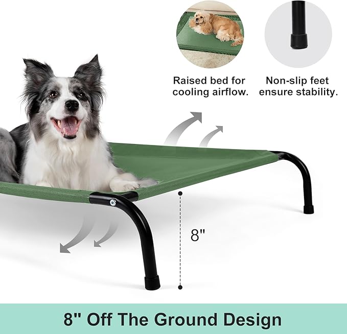Cooling Elevated Dog Bed with Non-Slip Floor Protectors &amp; Breathable Mesh, Raised Indoor &amp; Outdoor Dog Cot Hammock, 41" L x 32" W x 8" Th, Medium, Green