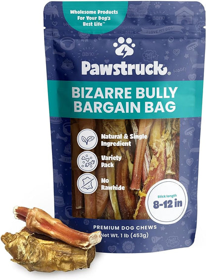 Pawstruck Natural Bizarre Bully Sticks Bargain Bag for Dogs &amp; Puppies - Variety Pack of 8-12" Long Lasting Eco-Conscious Beef Chew Treats - 1 lb. Bag - Packaging May Vary