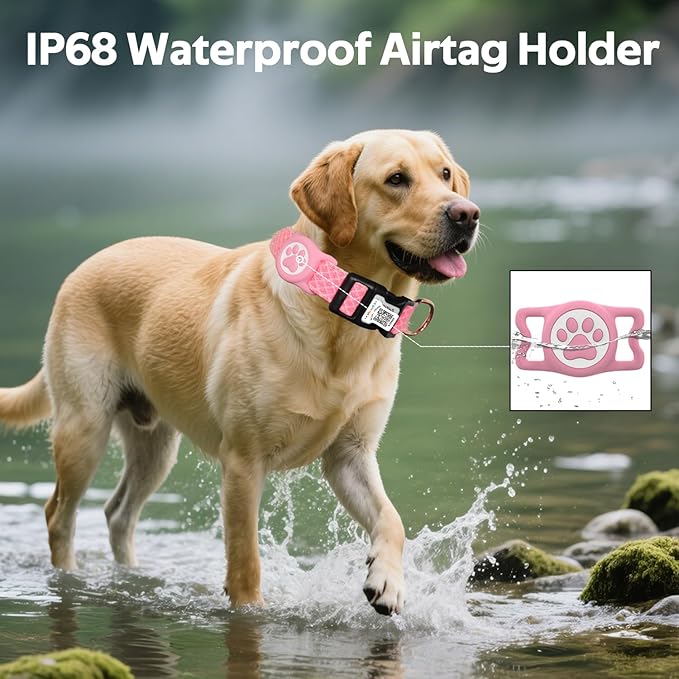 Dog Collar with Waterproof AirTag Holder &amp; Anti-Lost QR Code, Cute Bling Warpping Adjustable Width for Small Medium Large Pet (Red, L)